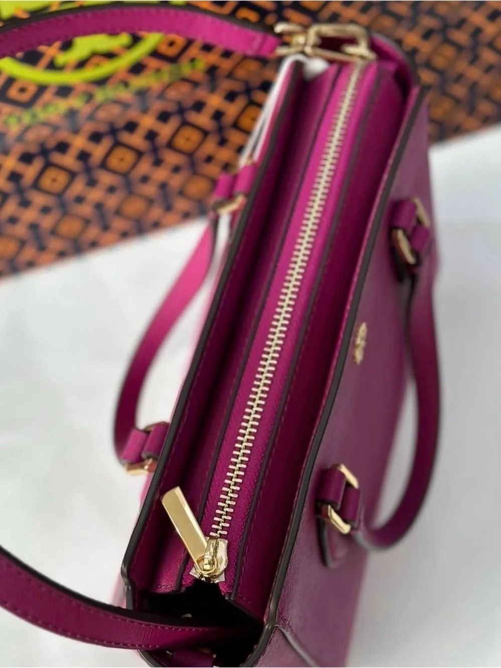 Tory Burch Emerson Mini Top Zip Tote Magenta Pink Saffiano Leather Satchel Bag